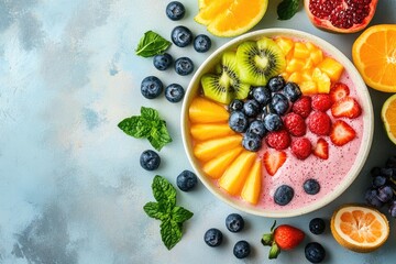Colorful fruit smoothie bowl with fresh toppings