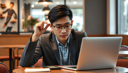 Young businessman taking off glasses feels eye strain tension tired of computer sitting at cafe table with laptop, millennial guy has bad sight vision problem massaging dry eyes after long laptop us
