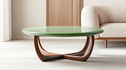 A modern living room features a sleek, green glass-topped coffee table with curved wooden legs, accompanied by a light beige sofa against a minimalist backdrop.