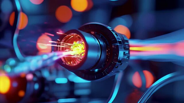 Close-up of a glowing blue and red technology part with a metal casing and a glowing yellow element.