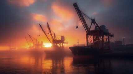 Fototapeta premium Industrial port at sunrise with cranes in foggy atmosphere
