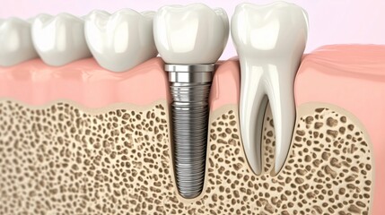 Dental implant successfully replacing missing tooth 3d illustration