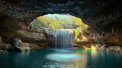 Water falling from the sky into an underground cave pool in Texas. A lake formed as a waterfall flowing from inside a cave pool. It is a beautiful natural landscape. Amazing view