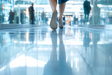 Walking through a Modern Busy Urban Shopping Mall Corridor