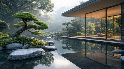 Modern architecture with Japanese garden and pond.