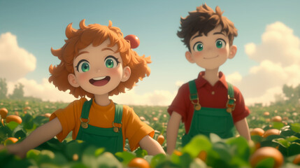 Animated children harvesting fruits in a vibrant field