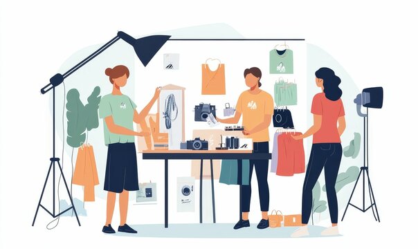 Three women photographing clothes for a photoshoot.