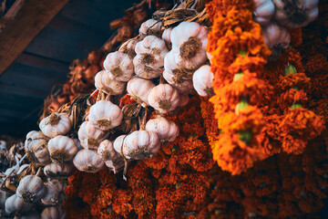 Bundles of dried flowers of Imeretian saffron, onions, spicy peppers and garlic