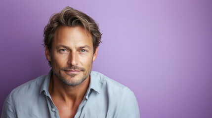 Obraz premium Confident man with a charming smile against a purple backdrop