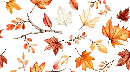 Obraz premium Vibrant Watercolor Patterns of Autumn Leaves in a Delicate Arrangement