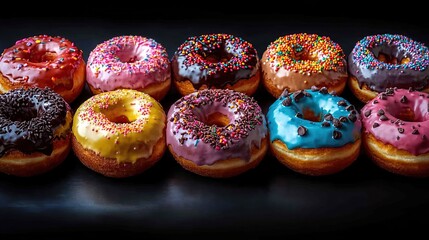Colorful assortment of glazed donuts on display.