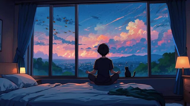 Sunset Meditation Lofi Loop &ndash; Boy and Cat Relaxing in Bedroom with View 4K Lofi looping video