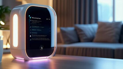 A modern, white smart home device with a digital clock and light display sits on a table in a living room. - Powered by Adobe