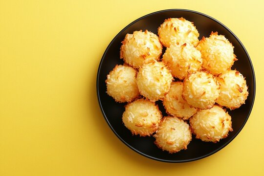 A Plate of Sweet Coconut Macarons on a Yellow Background
