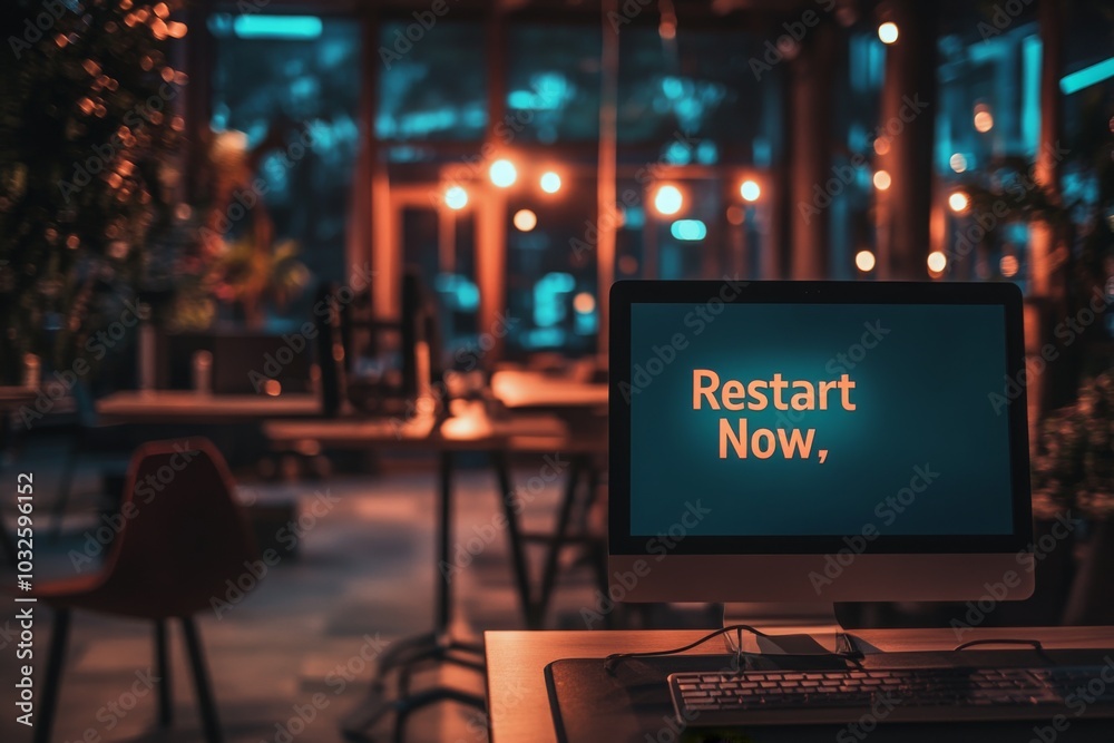 Poster dimly lit office with computer screen displaying restart message