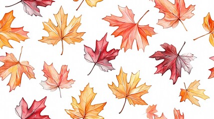 Fototapeta premium Vibrant Watercolor Leaves in Autumn Colors - Perfect for Seasonal Decor and Botanical Art Enthusiasts