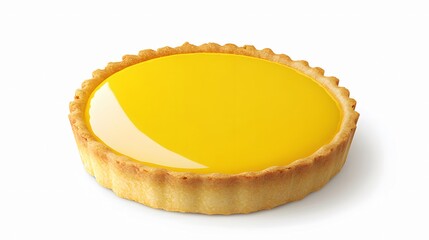 Realistic display of a lemon tart with a golden crust and smooth, glossy lemon curd filling on a white background, showcasing its vibrant yellow color