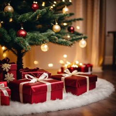 Festively wrapped gifts surrounded by colorful Christmas balls under a beautifully decorated spruce tree during the joyous New Year season. Generative AI