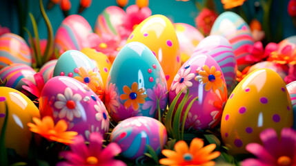 Banner of a composition of colorful Easter eggs with multicolored flowers on a blurry pastel blue background. Copy space.