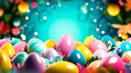 Banner of a composition of colorful Easter eggs with multicolored flowers on a blurry pastel blue background. Copy space.