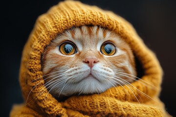 Portrait of a dressed up funny cat in a yellow knitted hat and scarf is looking up. An autumn cat in a cozy atmosphere