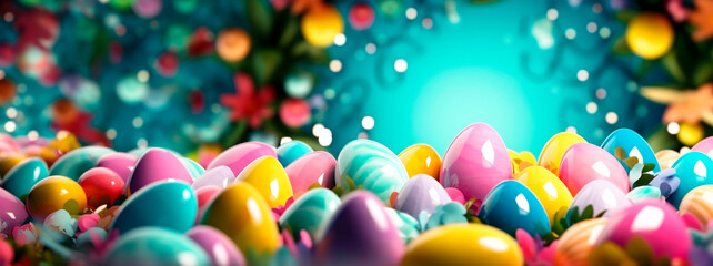 Banner of a composition of colorful Easter eggs on a blurry background in pastel blue tones