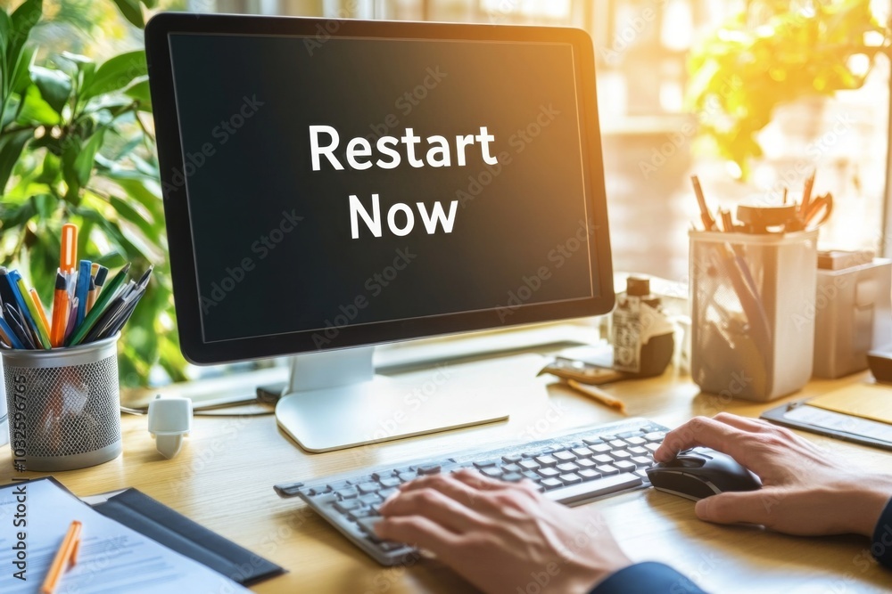 Poster modern workspace with restart prompt on computer screen