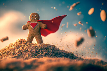 Superhero Gingerbread Man with Red Cape, Flying Crumbs, Powerful Dessert Concept