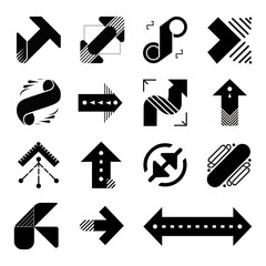 Set of stylized arrows with decorative elements. Vector set of many arrows stylized as various elements, including rotation, bends, movement and schemes.