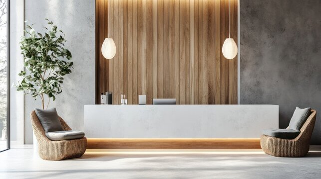 3D rendering of a hotel and spa reception interior