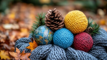 Fototapeta premium Un cálido conjunto de un bufanda gris, una piña y bolas de lana de colores, colocado sobre hojas caídas en otoño. 