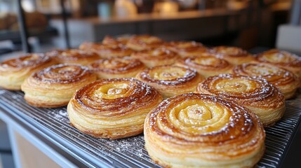 Una fila de pasteles daneses recién horneados, con capas doradas y espolvoreados con azúcar, sobre una rejilla de metal en una panadería.
