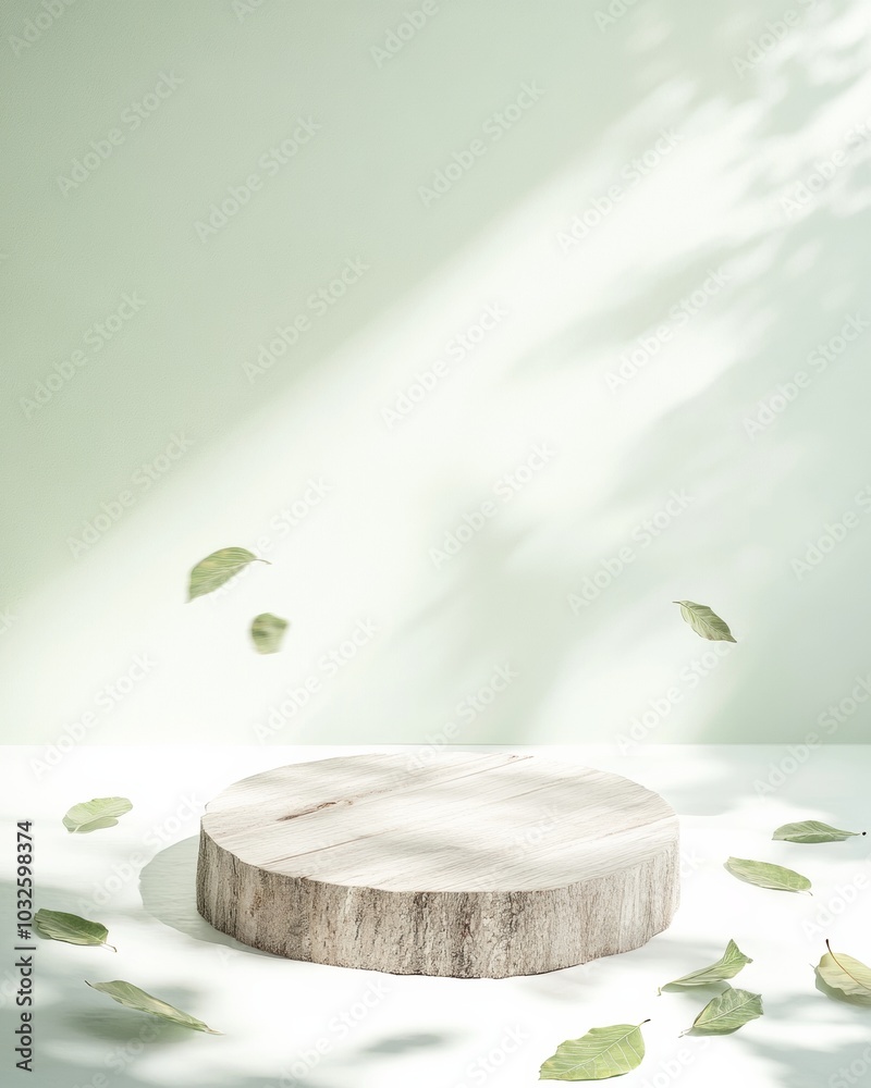 Poster minimalist eco-friendly podium with textured wood and floating leaves on gradient background