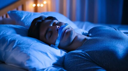 Sleep Apnea Solutions illuminated by clear lighting, showing a person using a CPAP machine while sleeping peacefully in bed