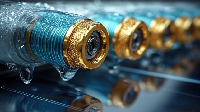 Primer plano de conectores impermeables con contactos dorados, ideales para entornos húmedos o al aire libre.

