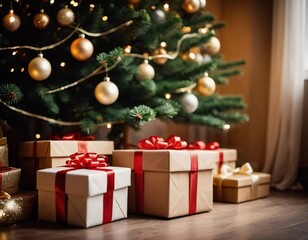Fototapeta premium Festively wrapped gifts surrounded by colorful Christmas balls under a beautifully decorated spruce tree during the joyous New Year season. Generative AI
