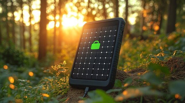 Un panel solar port&aacute;til con un &iacute;cono de candado verde iluminado, simbolizando seguridad y energ&iacute;a renovable en un entorno forestal al amanecer.

