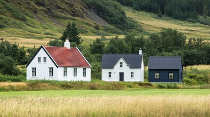 Obraz premium Three charming houses in a lush green landscape with rolling hills.