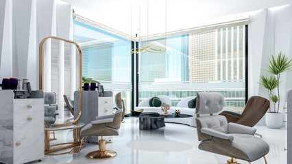 Modern Luxury Beauty Salon Interior with Marble and Gold Accents, 3D Rendering