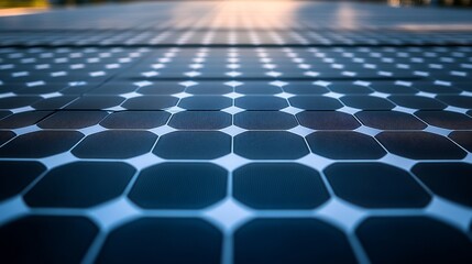 Fototapeta premium Un conjunto de paneles solares capturando el reflejo del sol al atardecer, destacando la energía renovable y la sostenibilidad.