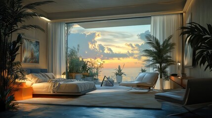 Fototapeta premium Architecture interior design home bedroom living room concept modern luxury furnishings. City living nature landscape house by the ocean