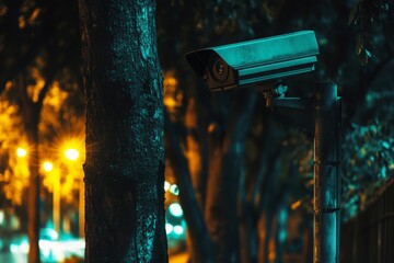 Surveillance Camera in Nighttime Urban Street with Soft Lighting