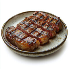 Two Perfectly Grilled Steaks with Rosemary Garnish on Speckled Ceramic Plate - A Culinary Delight for Food Enthusiasts and Gourmet Lovers