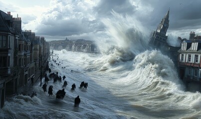 Flood waters engulfing city with church tower.