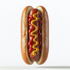 Classic Hot Dog with Mustard and Ketchup on White Background, Perfect for Fast Food Advertising and Culinary Presentations