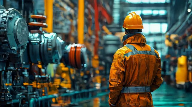 A worker inspects water pipes at a pump station, with close-up details of industrial bolts and valves