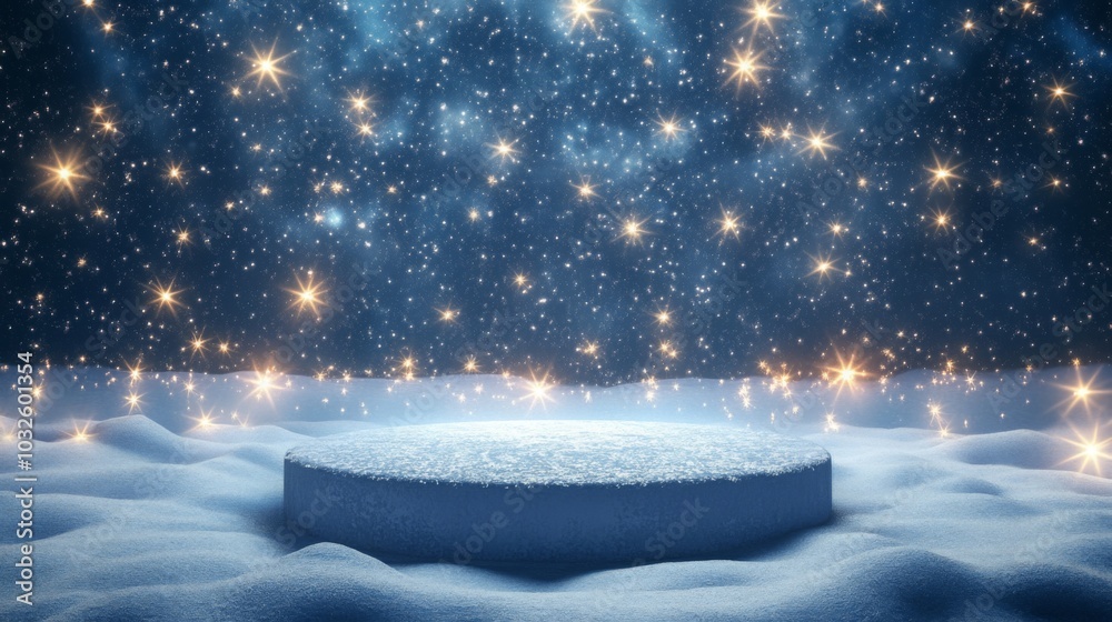 Poster the peaceful winter landscape showcases a snowy surface beneath a starry sky, where bright sparkling