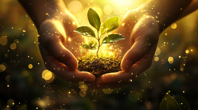 A person nurturing a young plant in their hands under warm sunlight in a lush green environment