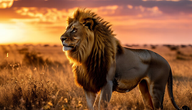 "Capture a hyper-realistic image of a male lion standing majestically on a grassy savanna at sunset