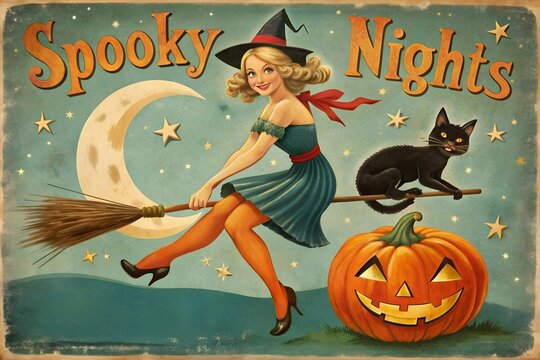 Vintage Halloween illustration in Old Hollywood style: a naughty blonde in a witch outfit and orange stockings "flies" across the starry sky from right to left, the inscription: "Spooky Nights"